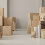Inpaktafel met dozen en verpakkingsmateriaal