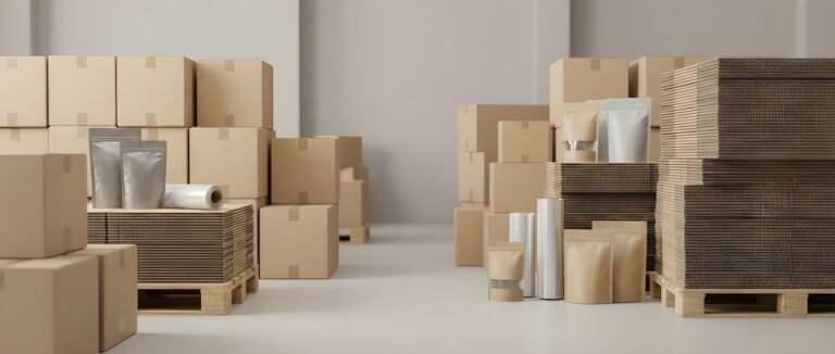 Inpaktafel met dozen en verpakkingsmateriaal